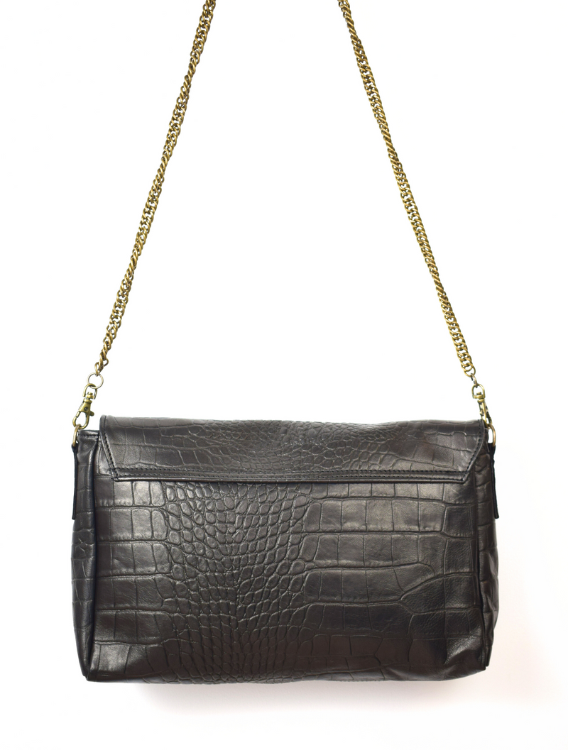 Black mock croc leather handbag with removable chain strap and cobra stomp detail