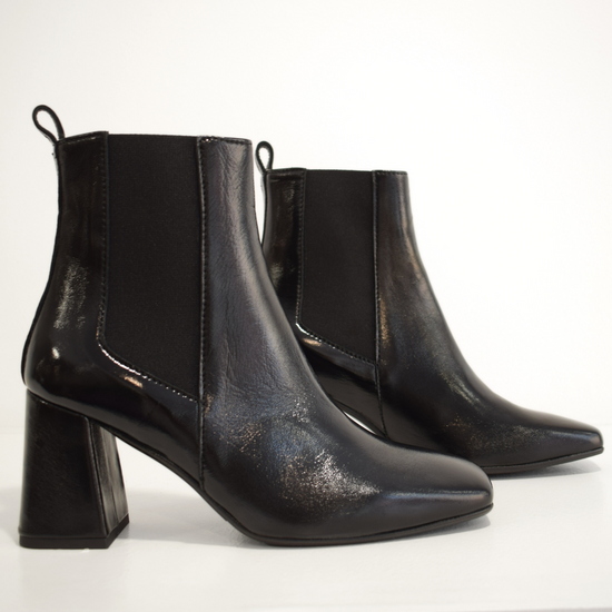 Pull on black patent boot with a block heel