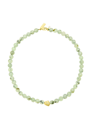 Necklace with green beads and gold accents on a white background from Talis Chains 