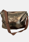 metallic rectangular bag with woven strap and brass detailing