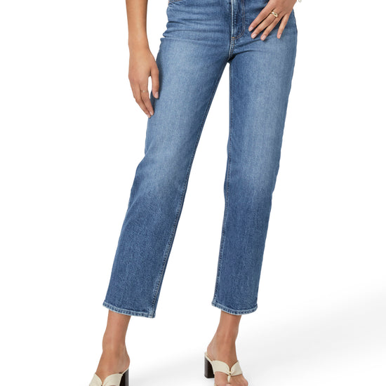 Ankle length straight cut high rise jeans in mid wash denim