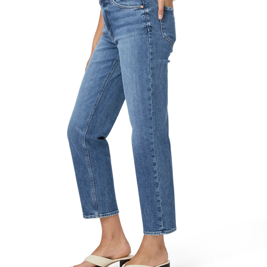 Ankle length straight cut high rise jeans in mid wash denim