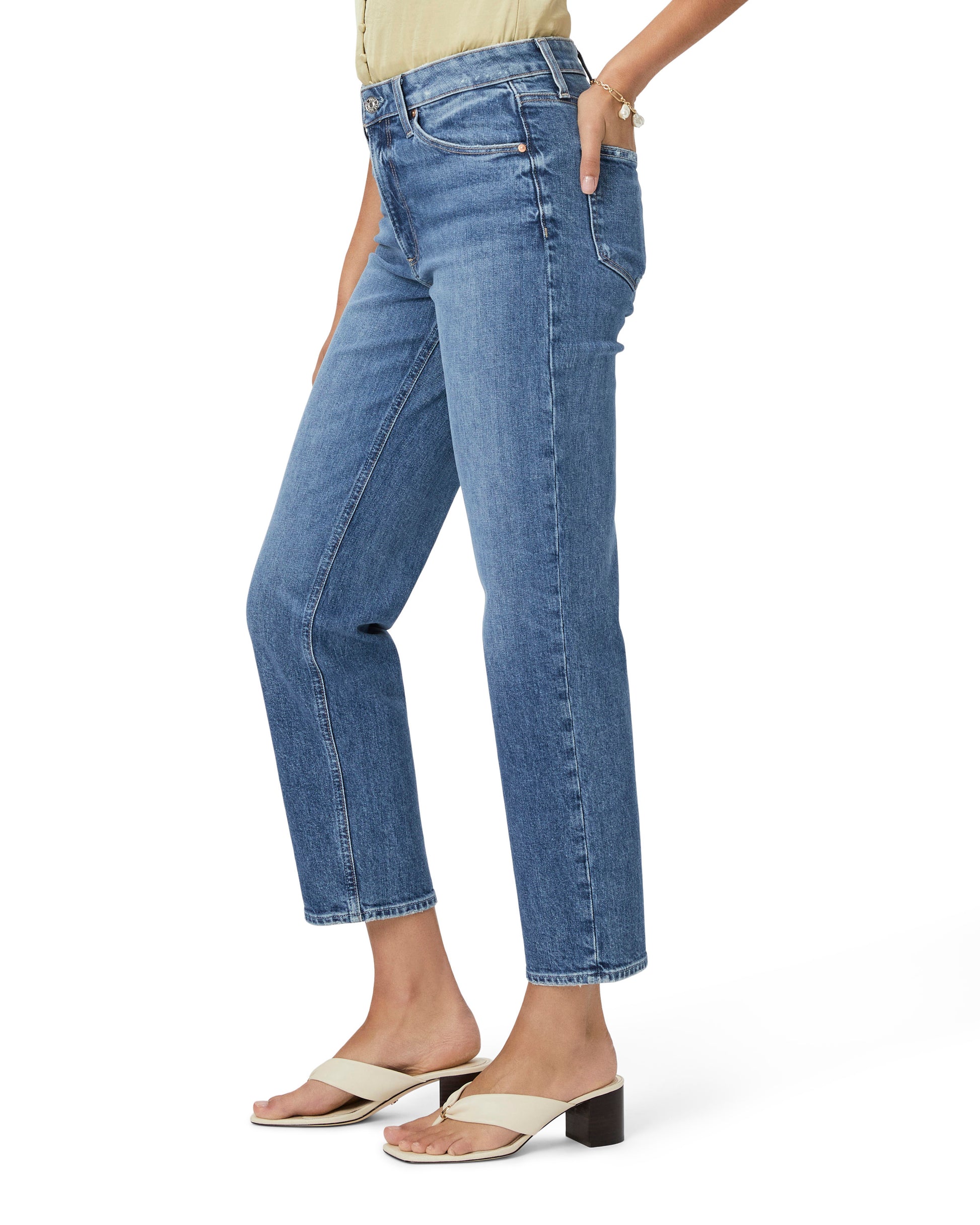 Ankle length straight cut high rise jeans in mid wash denim