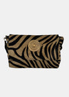 zebra fold over bag with gold emblum and rivet strap