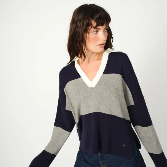 v neck navy and grey striped jumper with contrasting white collar from mos mosh model shot 