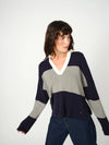 v neck navy and grey striped jumper with contrasting white collar from mos mosh model shot 