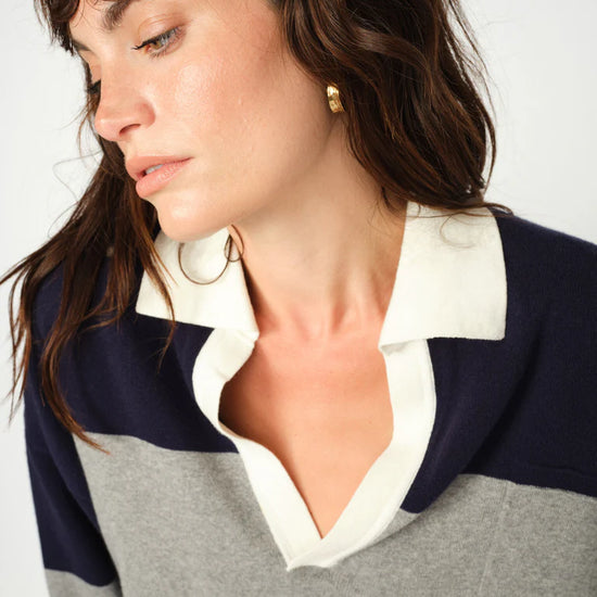 v neck navy and grey striped jumper with contrasting white collar from mos mosh close up
