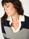 v neck navy and grey striped jumper with contrasting white collar from mos mosh close up