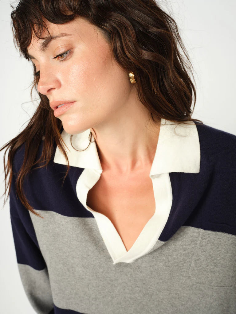 v neck navy and grey striped jumper with contrasting white collar from mos mosh close up