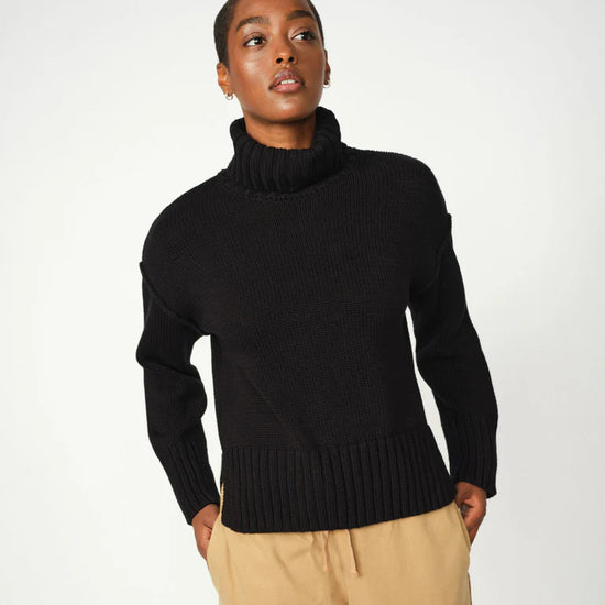 black cotton ribbed roll neck jumper from mos mosh model shot