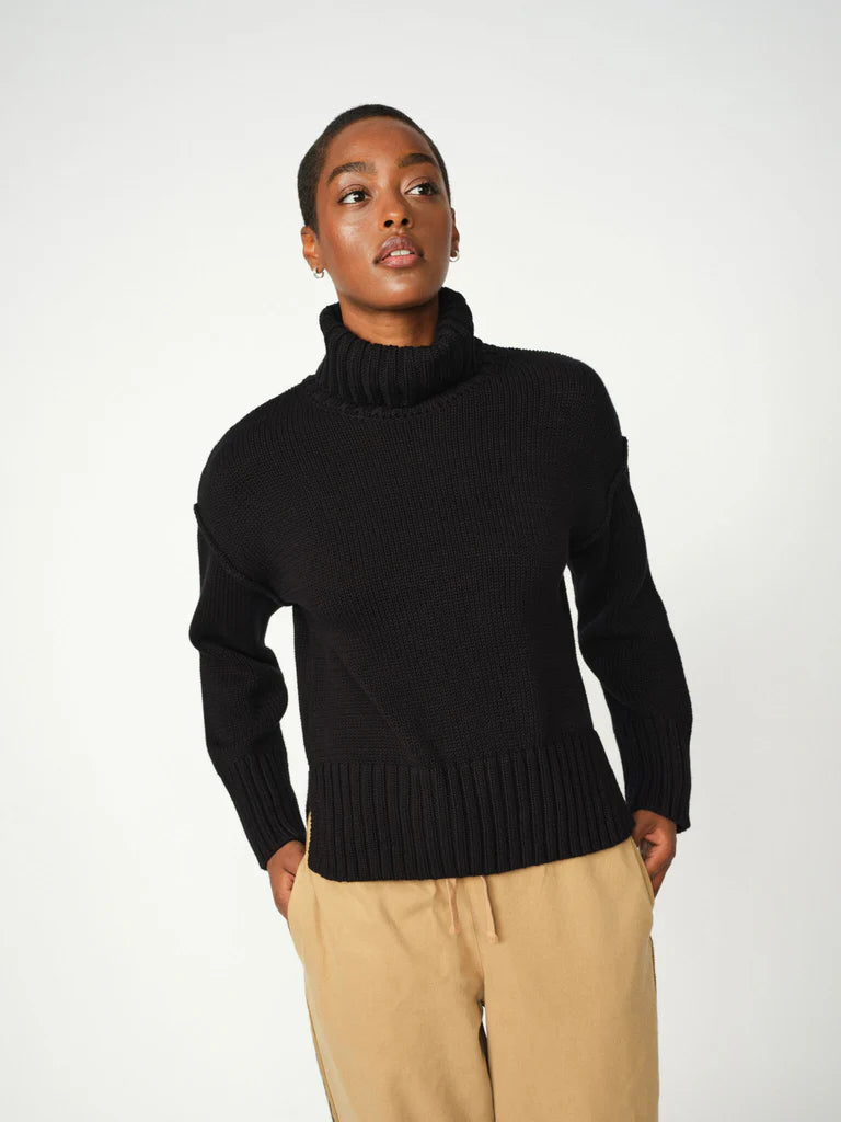 black cotton ribbed roll neck jumper from mos mosh model shot
