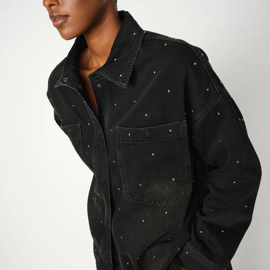 black denim shirt with studs all over model shot