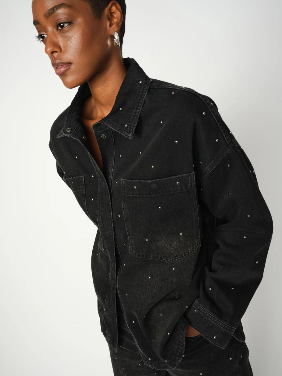 black denim shirt with studs all over model shot