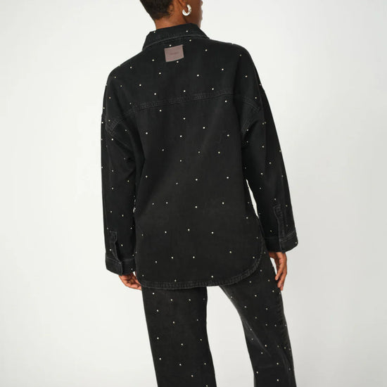 black denim shirt with studs all over model shot rear