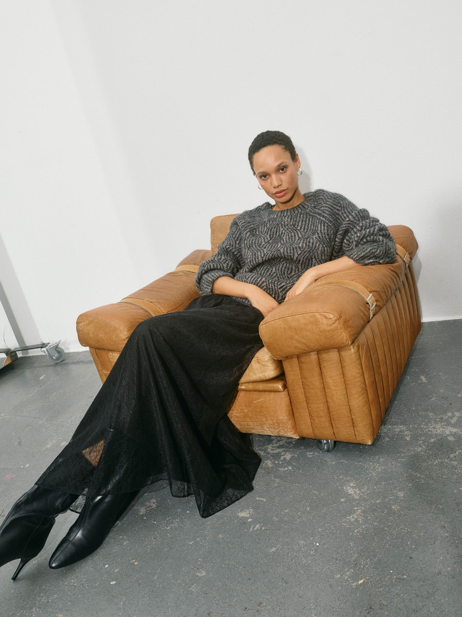 round neck wool patterned sequin black jumper with long sleeves and crew neck  model shot from Mos mosh