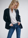 navy wool pinstripe blazer with single breasted, 2 buttons and 2 flap pockets model shot