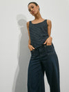 wide leg jeans with front pocket, centre front seam model shot