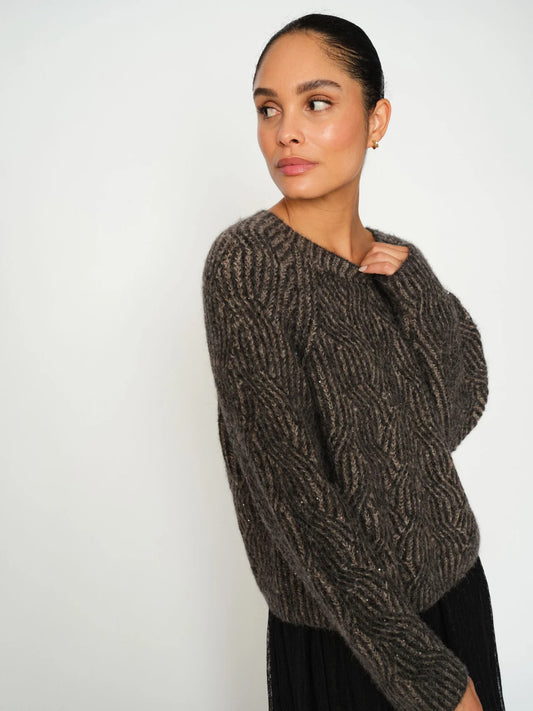 Rib black and brown sequin detailed knit on model with black skirt from mos mosh