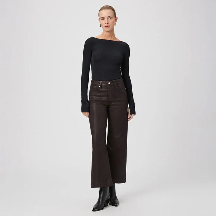 dark brown luxe coating wide leg cropped jeans from paige model shot
