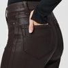 dark brown luxe coating wide leg cropped jeans from paige close up of rear