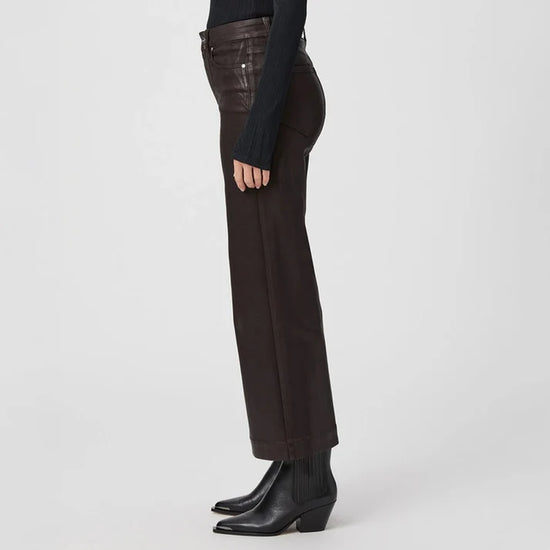 dark brown luxe coating wide leg cropped jeans from paige side view