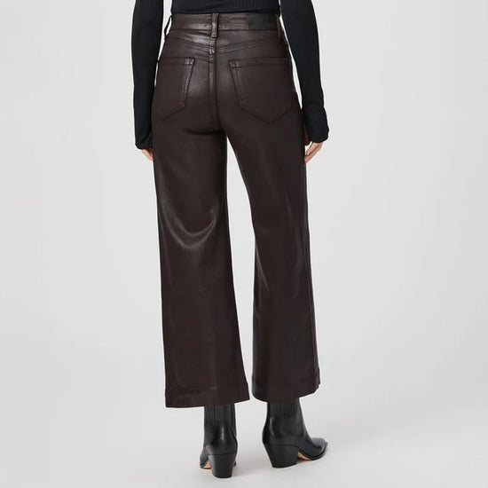 dark brown luxe coating wide leg cropped jeans from paige rear view