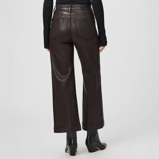 dark brown luxe coating wide leg cropped jeans from paige rear view