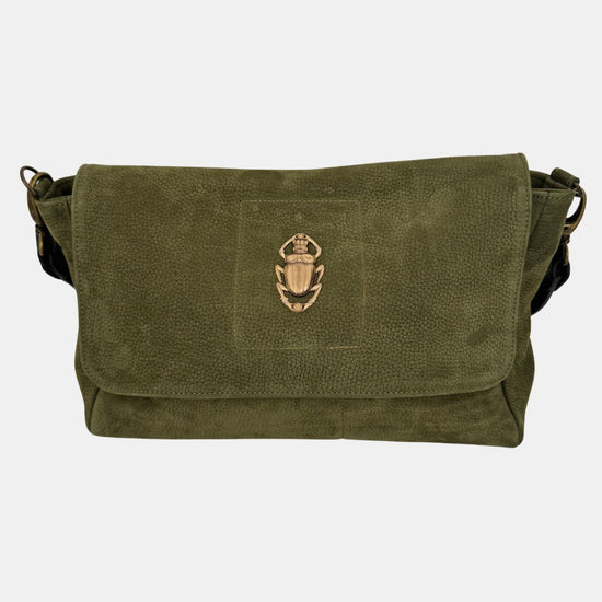 green nubuck leather fold over bag with gold scarab detail and rivet strap