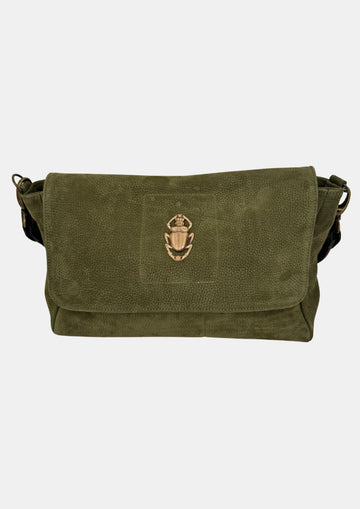 green nubuck leather fold over bag with gold scarab detail and rivet strap