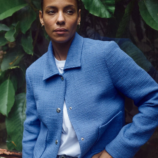 blue jacket with gold buttons and 2 pockets model