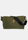 green nubuck leather fold over bag with gold scarab detail and rivet strap