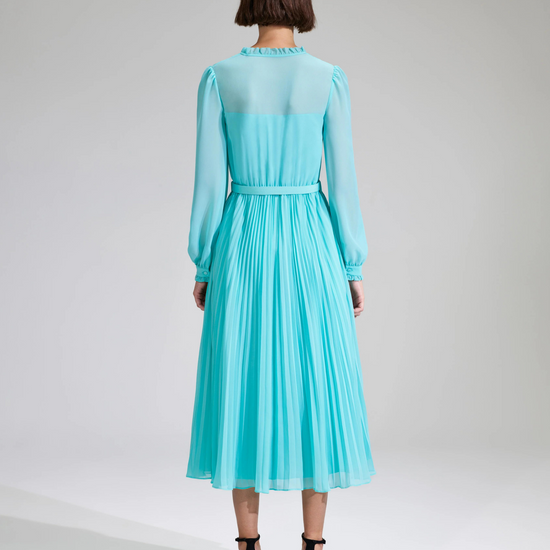 Aqua midi dress with matching fabric belt pleated skirt and long sheer sleeves with fan like details on the placket