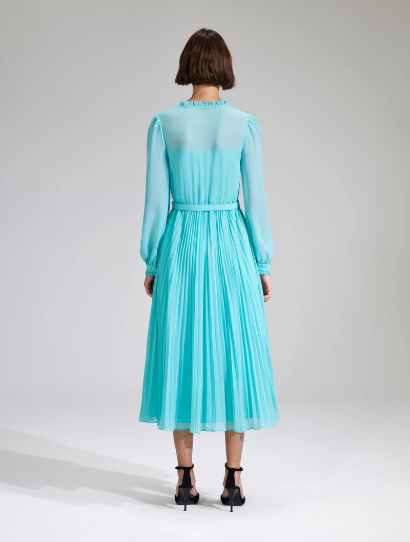 Aqua midi dress with matching fabric belt pleated skirt and long sheer sleeves with fan like details on the placket