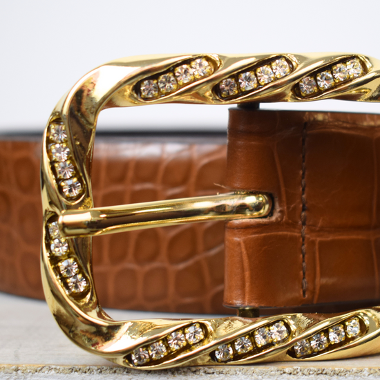 Wide mock croc tan leather belt with large gold metallic and bejewelled oblong buckle