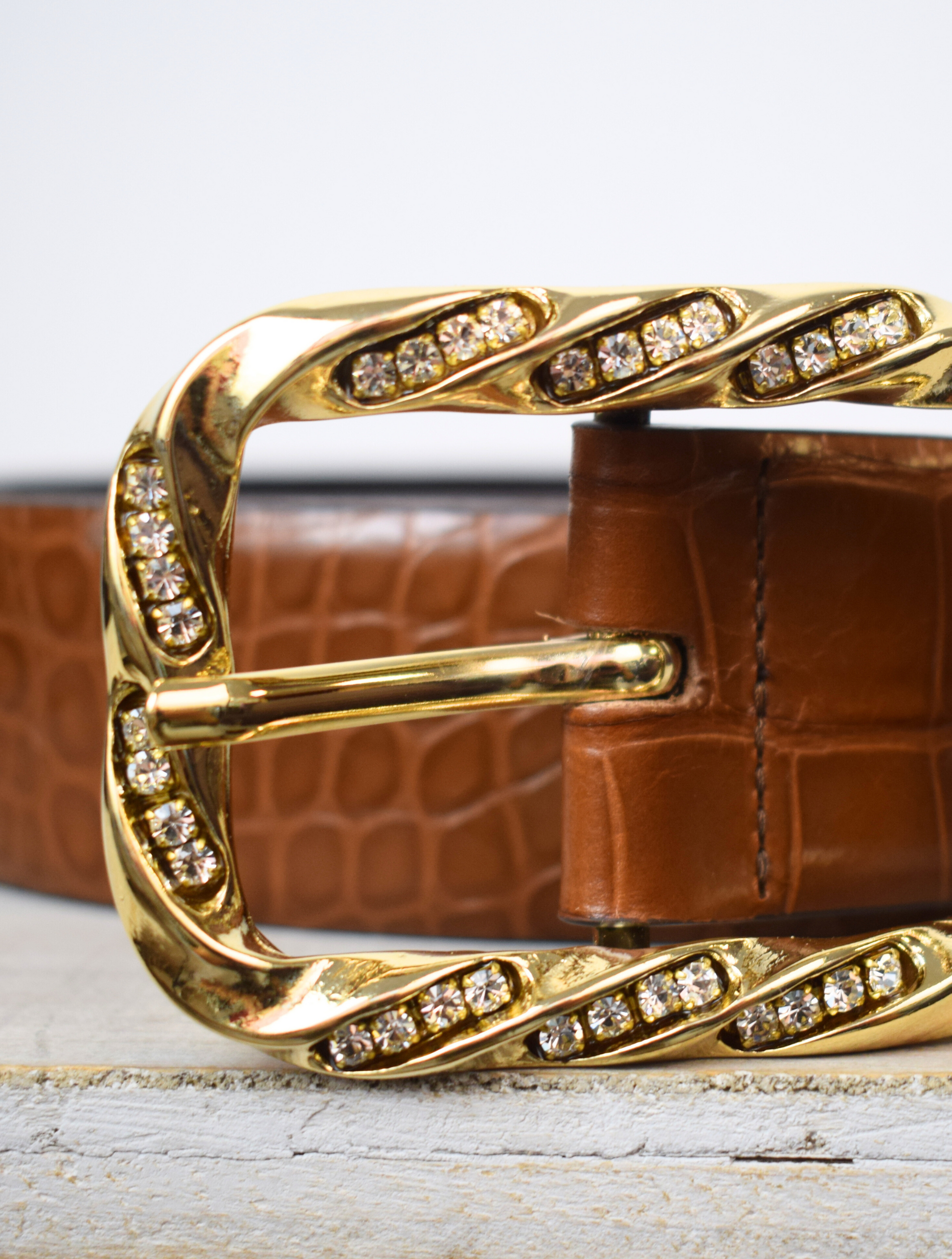 Wide mock croc tan leather belt with large gold metallic and bejewelled oblong buckle