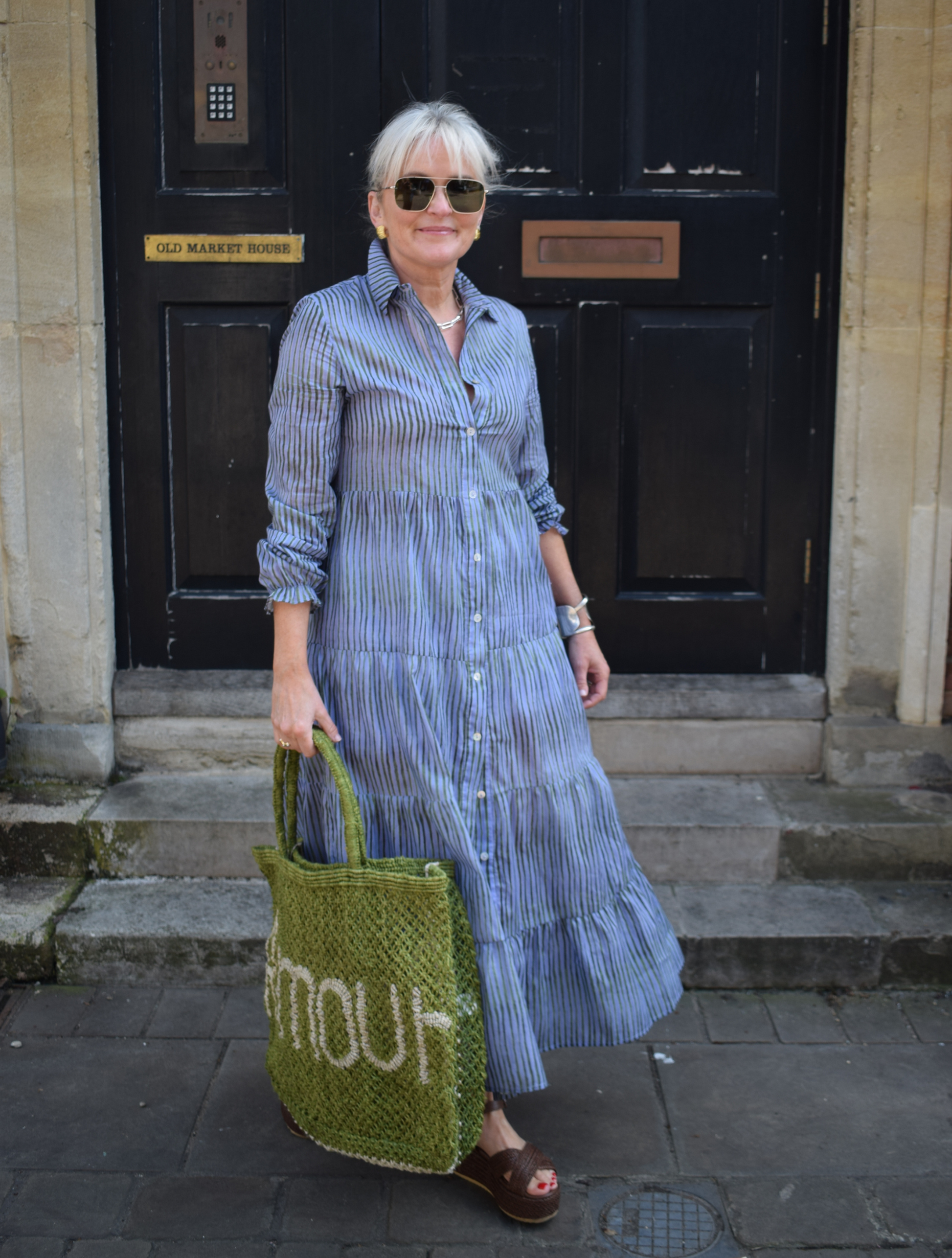 blue dress with green stripe detail 