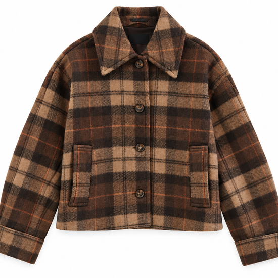 A cropped plaid jacket in brown, beige, and black, featuring a pointed collar, three-quarter button closure, and two front flap pockets.