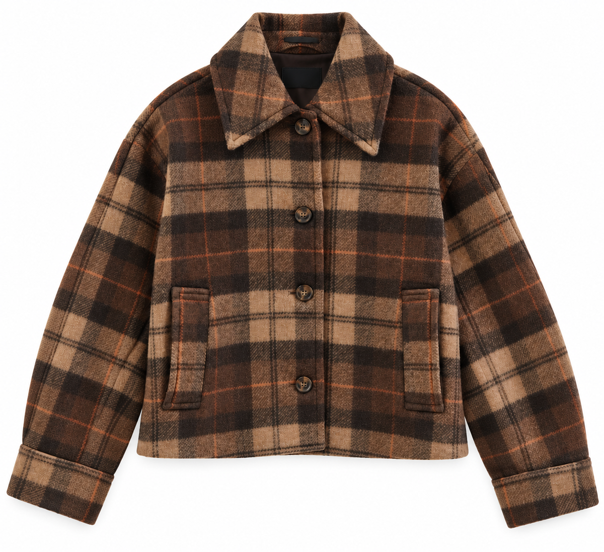 A cropped plaid jacket in brown, beige, and black, featuring a pointed collar, three-quarter button closure, and two front flap pockets.