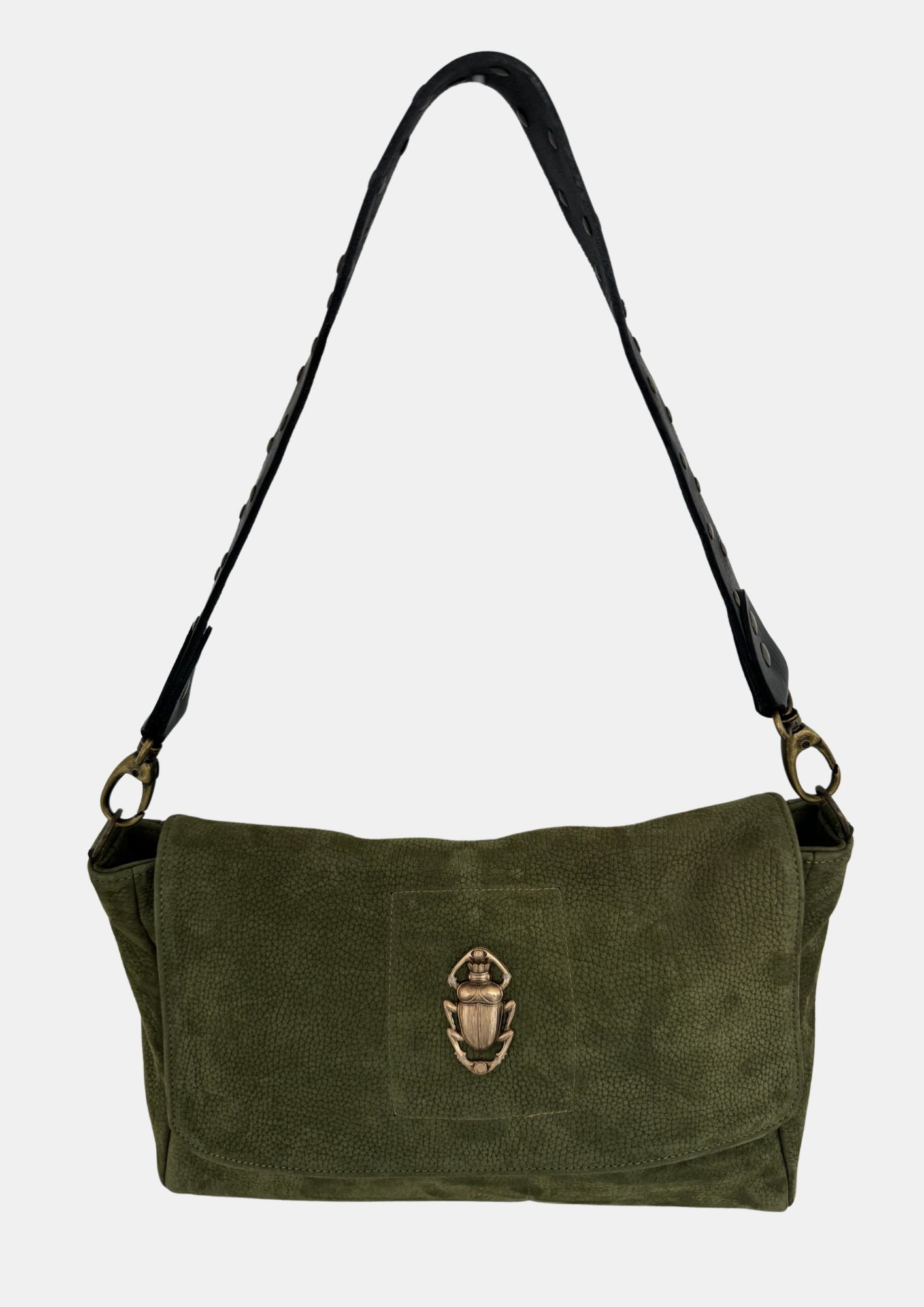 green nubuck leather fold over bag with gold scarab detail and rivet strap