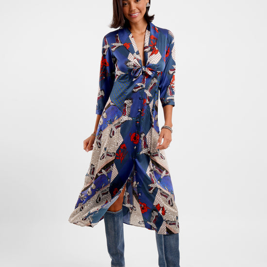 v neck mid length silk button down dress with tie front and eagle inspired print
