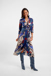 v neck mid length silk button down dress with tie front and eagle inspired print
