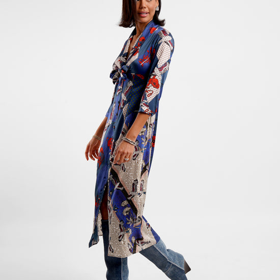v neck mid length silk button down dress with tie front and eagle inspired print side view