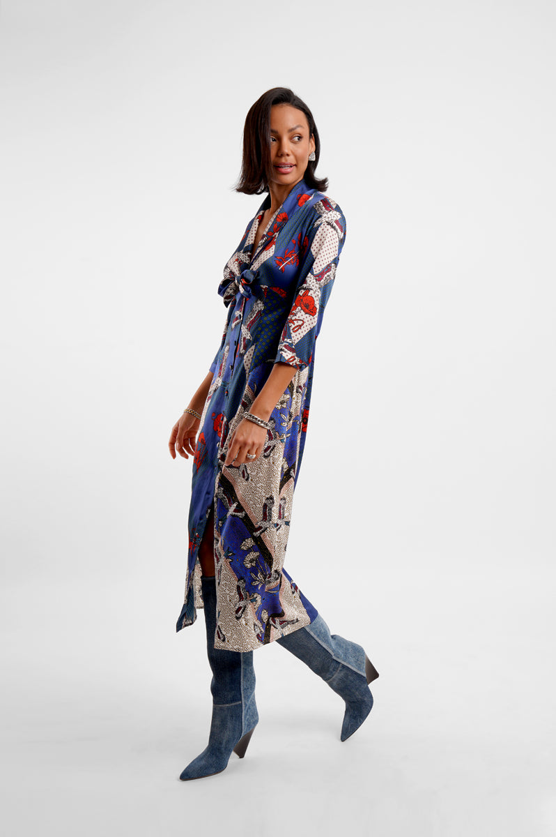 v neck mid length silk button down dress with tie front and eagle inspired print side view