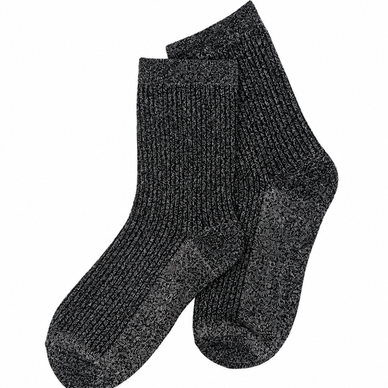 flat lay image of a pair of black glitter socks on a white background