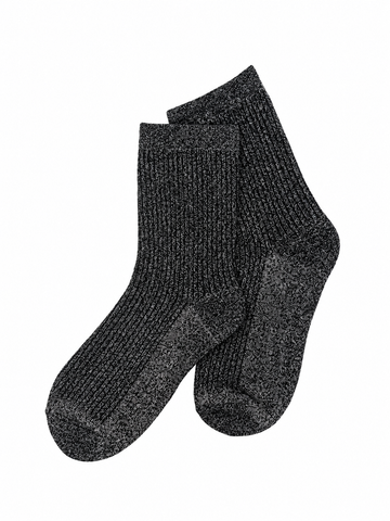 flat lay image of a pair of black glitter socks on a white background