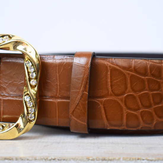 Wide mock croc tan leather belt with large gold metallic and bejewelled oblong buckle