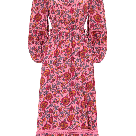 Pink midi dress with floral details with bracelet length sleeves mau collar covered button half placket elasticated waist with drawstring and gathered hem with lace inserts