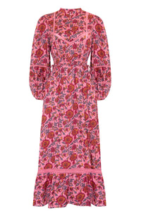 Pink midi dress with floral details with bracelet length sleeves mau collar covered button half placket elasticated waist with drawstring and gathered hem with lace inserts