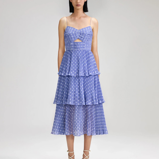 Lilac polka dot tiered thin strap summer dress with cut out detail