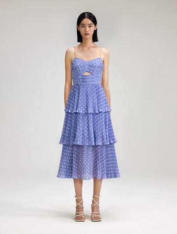 Lilac polka dot tiered thin strap summer dress with cut out detail